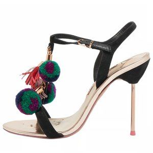Sophia Webster Leather Layla Pom Pom Embellished T-Strap Sandals Size
